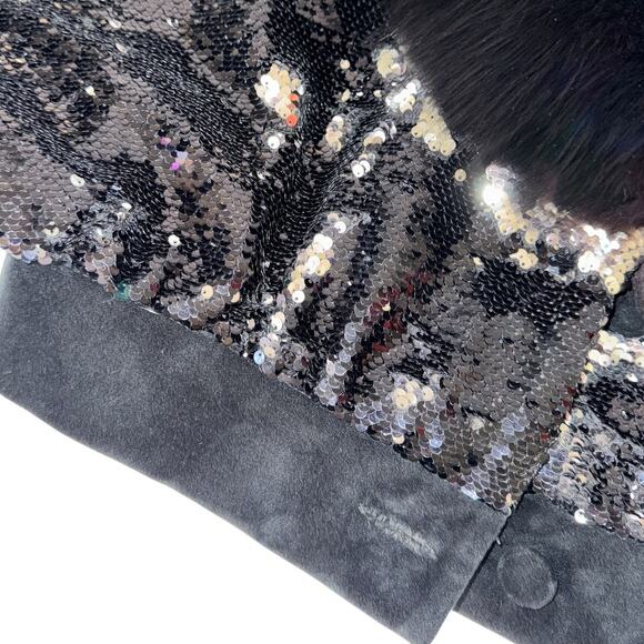 Friends With Money Black Sliver Sequin Fur Trimmed Suede Leather Cropped Jacket - Picture 7 of 11